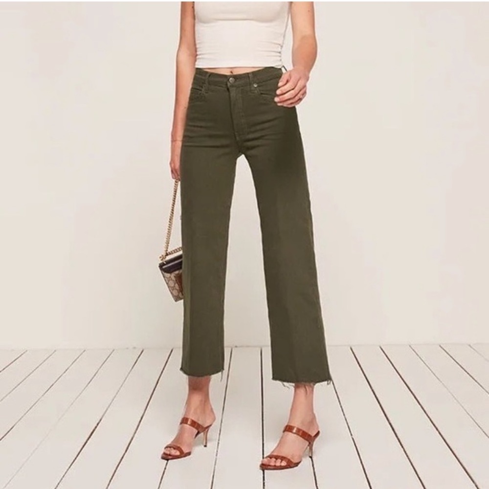REFORMATION Stretch Flood Frayed Hem Army Green Wash Wide Leg Pants Size 31